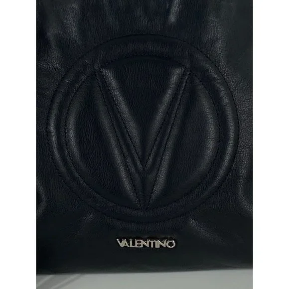 Valentino by Mario Valentino Quilted Logo Chain Strap Leather Hand Bag Blk D137 - Picture 6 of 11